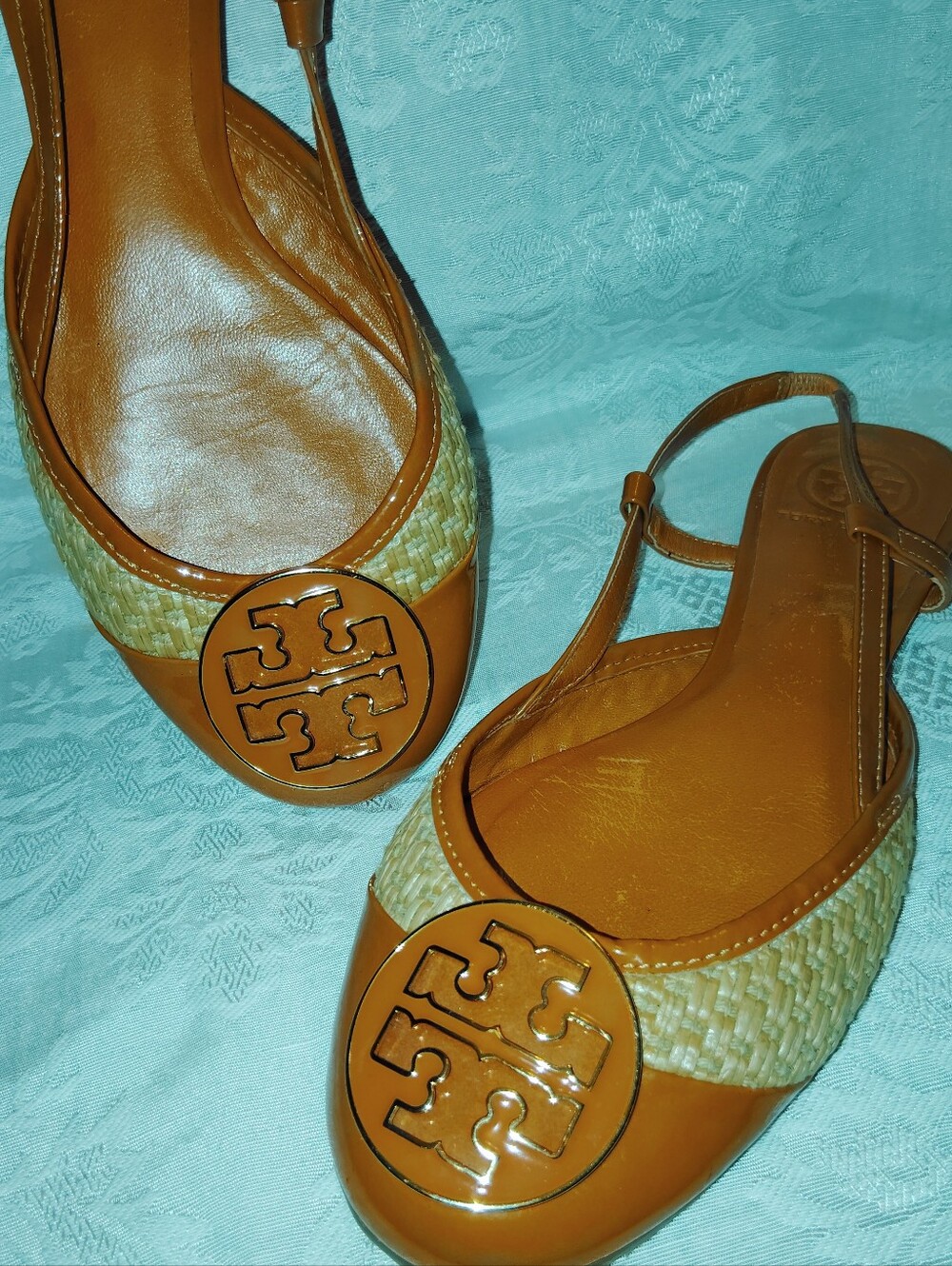 Tory Burch Raffia Patent Leather Logo Flat Slingbacks Orange Sz 8 M - Picture 3 of 8